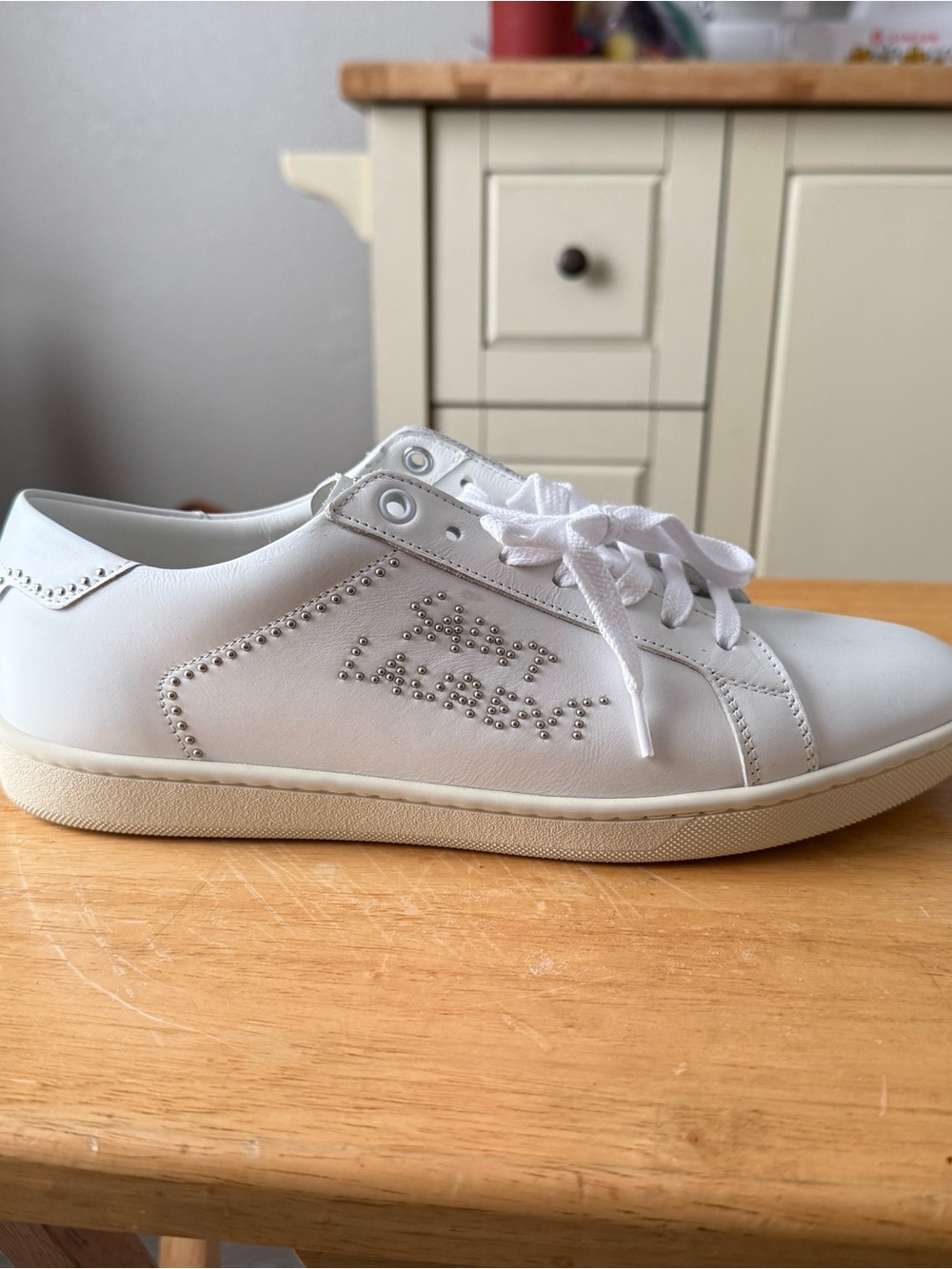 White Studded Leather Sneaker with Side Logo Detail